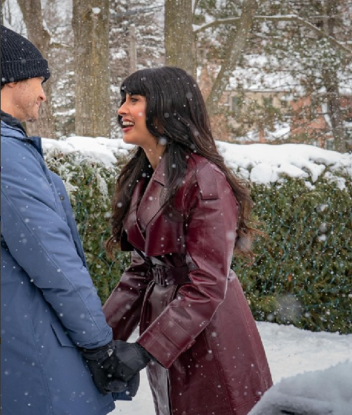 A Merry Little Ex-Mas 2025 Jameela Jamil Leather Coat