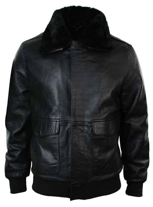 A2 Flight Aviator Real Fur Collar Bomber Leather Jacket