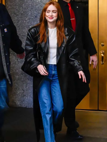 NYC Sadie Sink Black Leather Coat