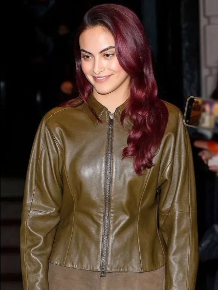 Camila Mendes SNL 2025 Olive Green Leather Jacket