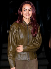 Camila Mendes SNL 2025 Olive Green Leather Jacket