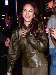 Camila Mendes SNL 2025 Olive Green Leather Jacket
