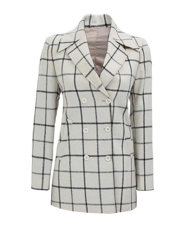 Women Double Breasted Checkered Wool Coat