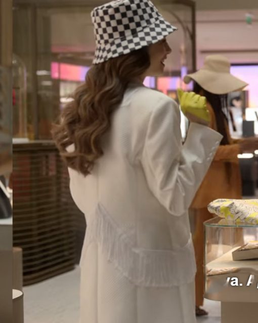 Emily In Paris Lily Collins White Fringe Trim Coat