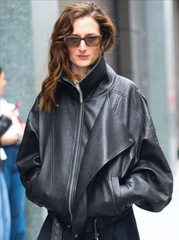NYC 2026 Grace Gummer Black Leather Jacket