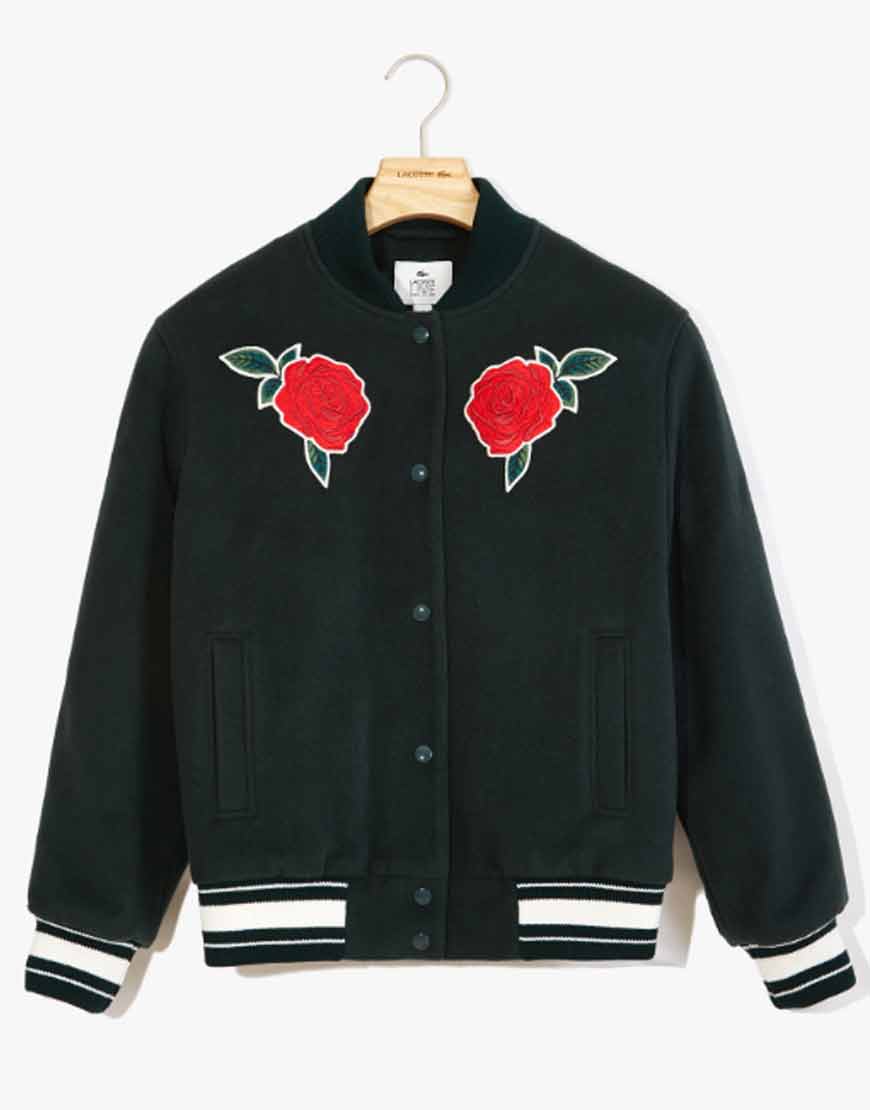 Green Rose Embroidered Varsity Jacket