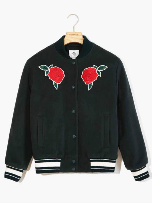 Green Rose Embroidered Varsity Jacket