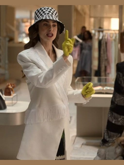Emily In Paris Lily Collins White Fringe Trim Coat