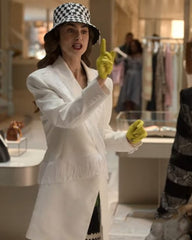 Emily In Paris Lily Collins White Fringe Trim Coat