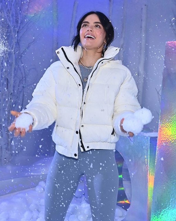 Lucy Hale Alo’s Winter House White Hooded Jacket