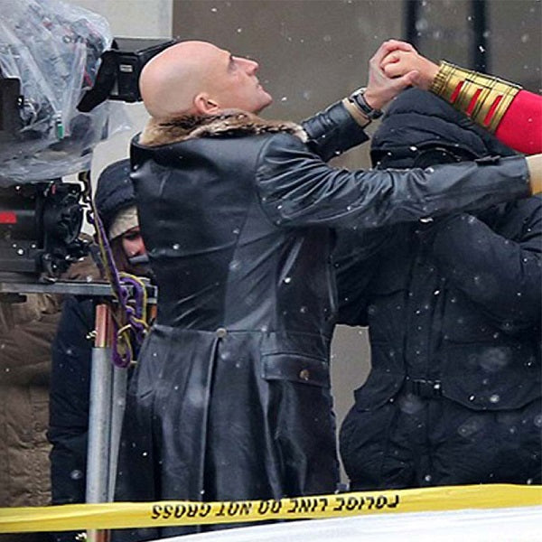 Dr. Sivana Shazam Mark Strong Fur Collar Black Leather Trench Coat 