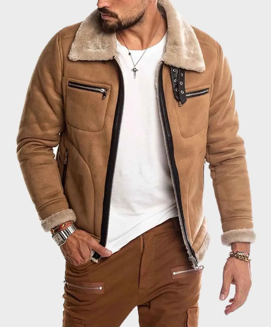 Mens Brown Faux Shearling Suede Leather Jacket
