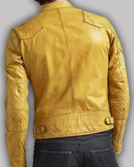 Mens Quilted Design Cafe Racer Yellow Leather Jacket