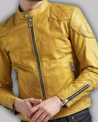 Mens Quilted Design Cafe Racer Yellow Leather Jacket
