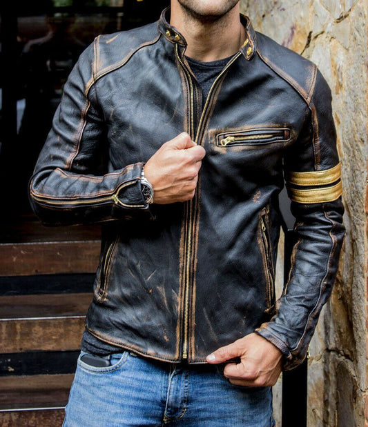 Mens Vintage Cafe Racer Motorcycle Distressed Biker Jacket