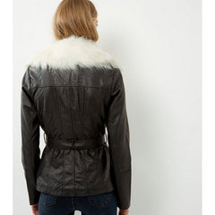 Parisian Black Faux Fur Trim Leather Look Jacket
