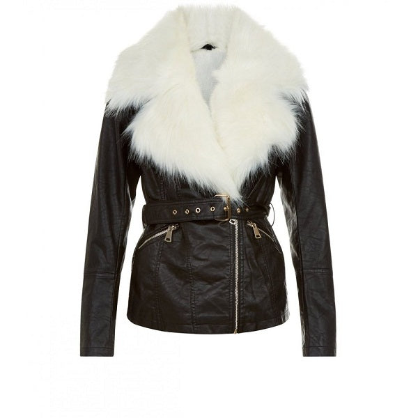 Parisian Black Faux Fur Trim Leather Look Jacket