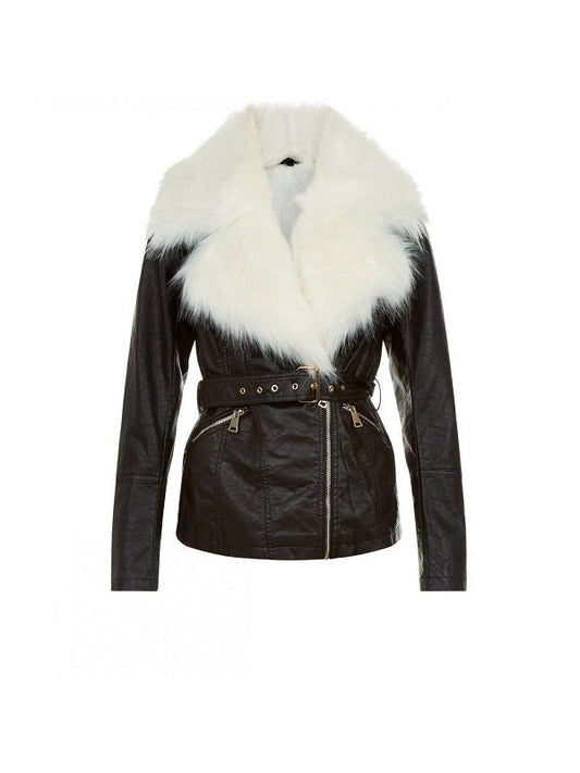 Parisian Black Faux Fur Trim Leather Look Jacket