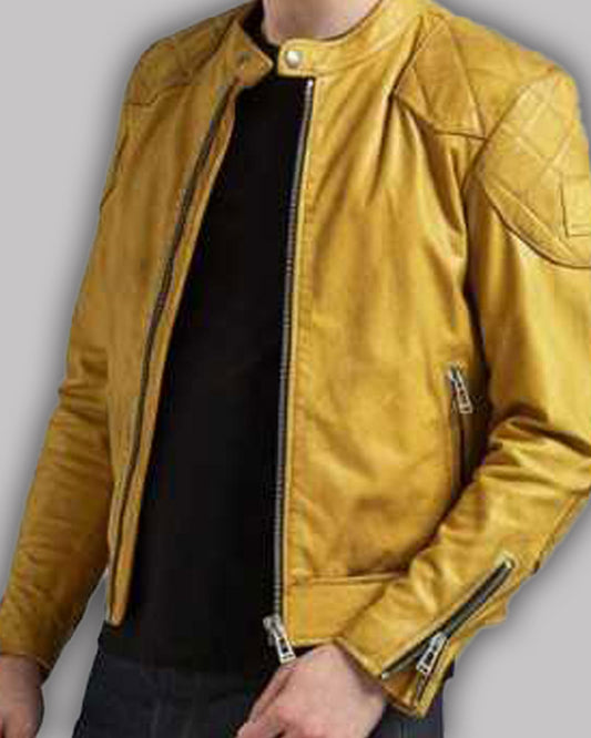 Mens Quilted Design Cafe Racer Yellow Leather Jacket