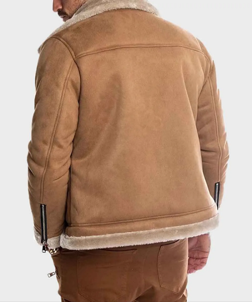 Mens Brown Faux Shearling Suede Leather Jacket