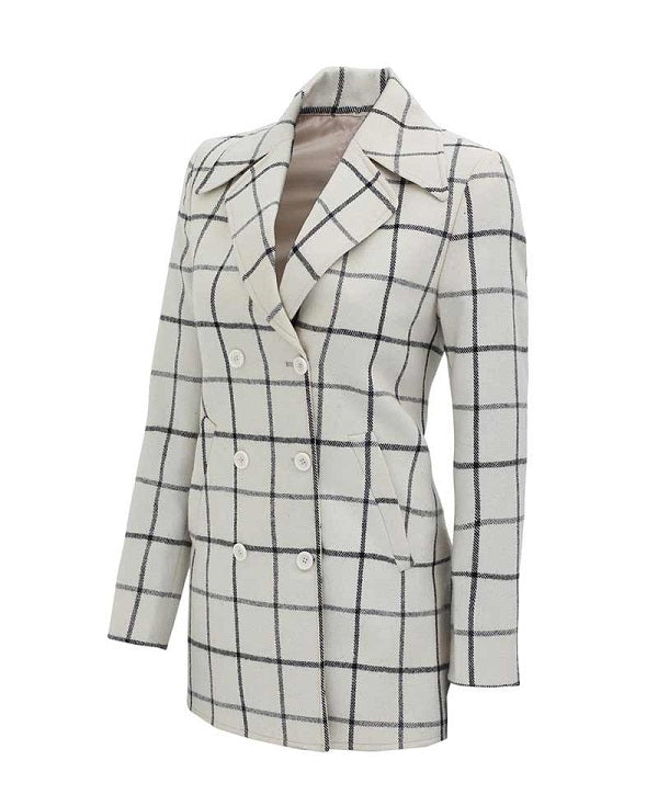 Women Double Breasted Checkered Wool Coat