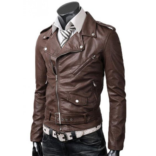 Slim Fit Belted Rider Brown Jacket