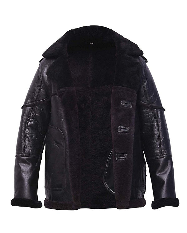 Mens Black Shearling Leather Bomber Jacket