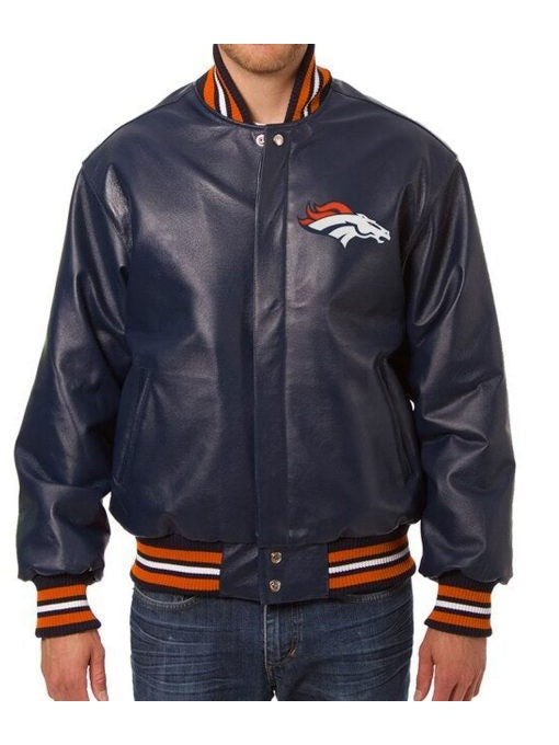 Denver Broncos Varsity Navy Blue Leather Jacket