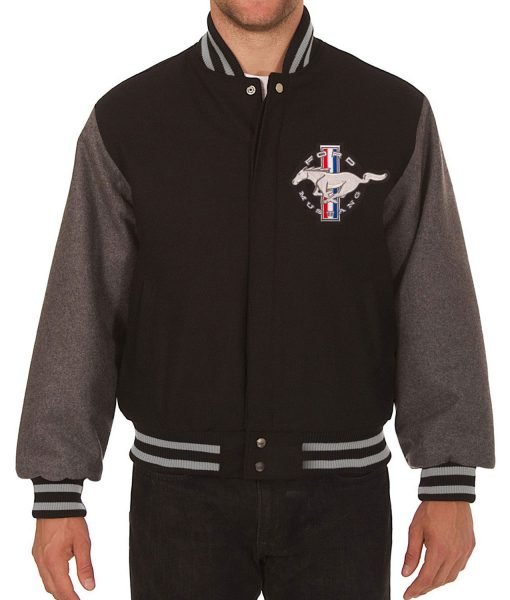 Ford Mustang Embroidered Black and Grey Varsity Jacket