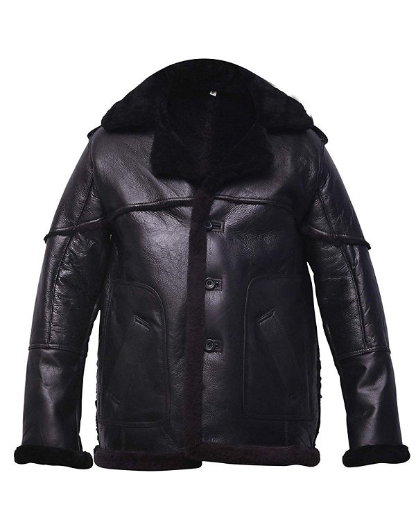 Mens Black Shearling Leather Bomber Jacket