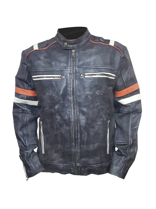 Men's Vintage Classic Cafe Racer Retro 2 Moto Black Leather Jacket