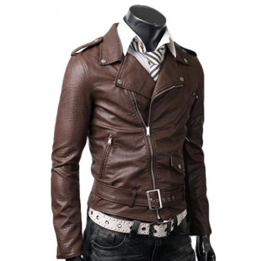 Slim Fit Belted Rider Brown Jacket