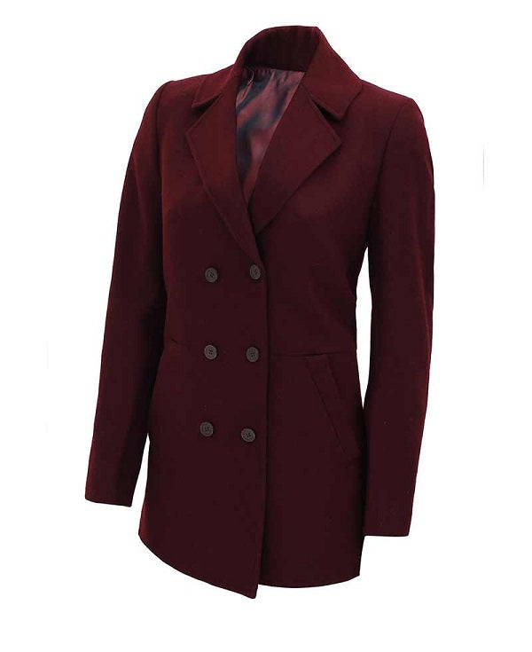 Women Double Breasted Maroon Wool Coat