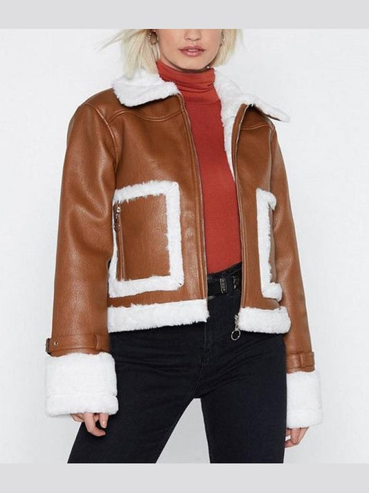 Womens Brown Cropped Aviator Leather Jacket