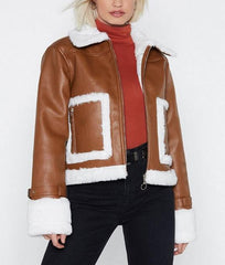 Womens Brown Cropped Aviator Leather Jacket